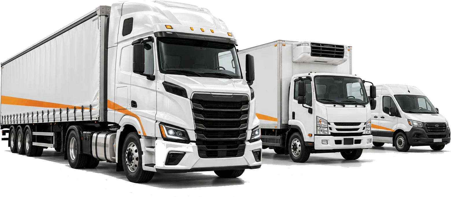 Tractocamión, furgón refrigerado y van blancos equipados por BOOM GPS, alineados en fila