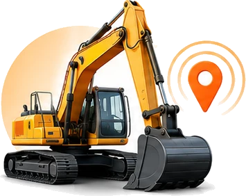 Excavadora amarilla junto a un pin de ubicación naranja