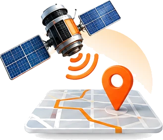 Satélite emitiendo señal sobre un mapa con un pin de ubicación naranja