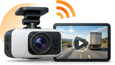 Cámara dashcam junto a una pantalla que reproduce video de la vía