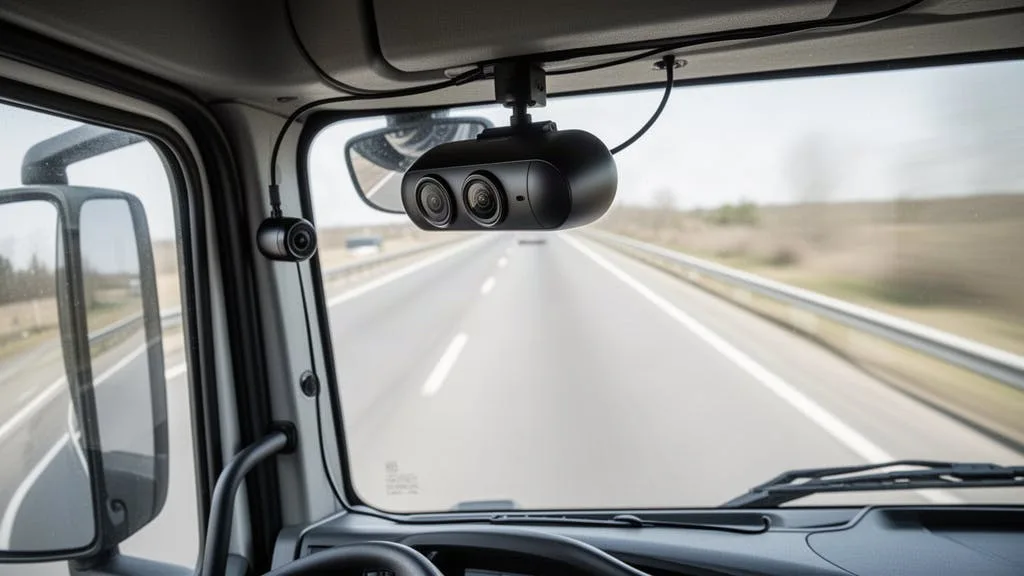 Dashcam instalada en el parabrisas de una cabina