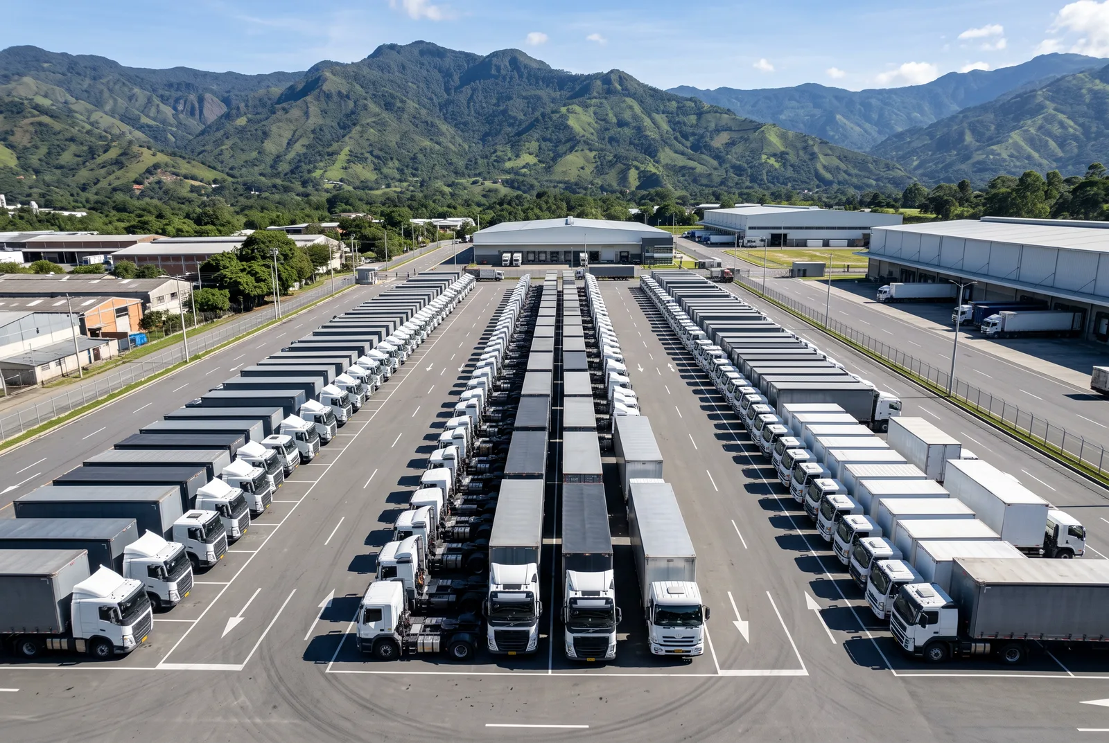 Flota de tractocamiones y furgones en terminal logistica