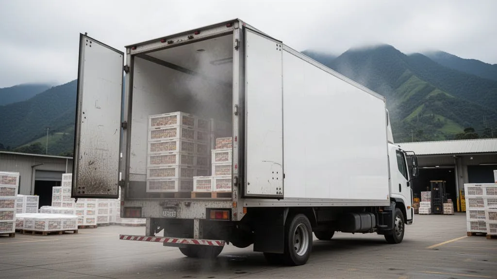 Furgon refrigerado cargando con puertas abiertas