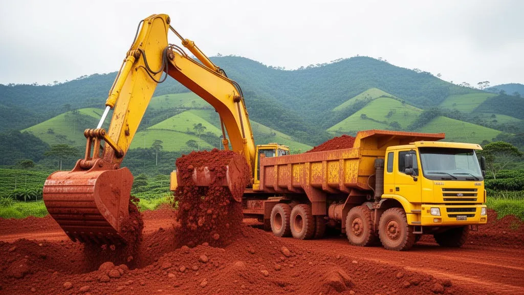 Excavadora y volqueta en frente de obra