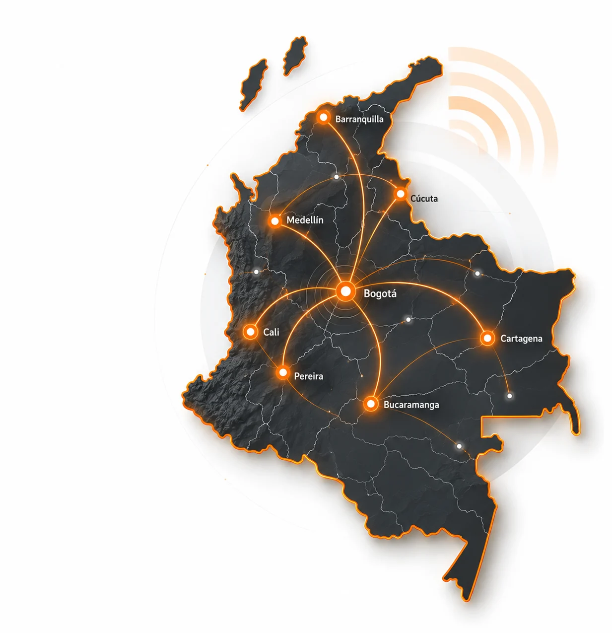 Mapa de Colombia con las ciudades donde BOOM GPS instala: Bogotá, Medellín, Cali, Barranquilla, Cartagena, Bucaramanga, Pereira y Cúcuta