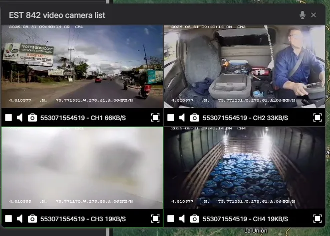 Vista en vivo de cuatro canales de dashcam en la plataforma de BOOM GPS